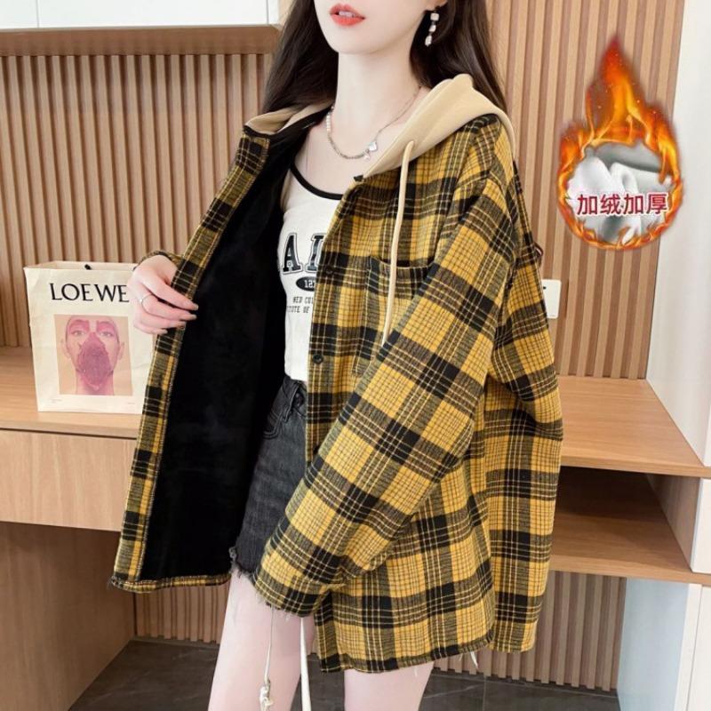 Autumn Winter Vintage Plaid Printing Patchwork Hooded Shirt Women Long Sleeve Loose Casual Cardigan Blouse Top