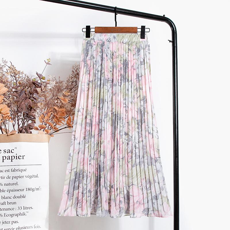 Qooth Floral Print Women Skirt Summer High Waist A-line Midi Skirt Beach Chiffon Elegant Pleated Skirts QT1378