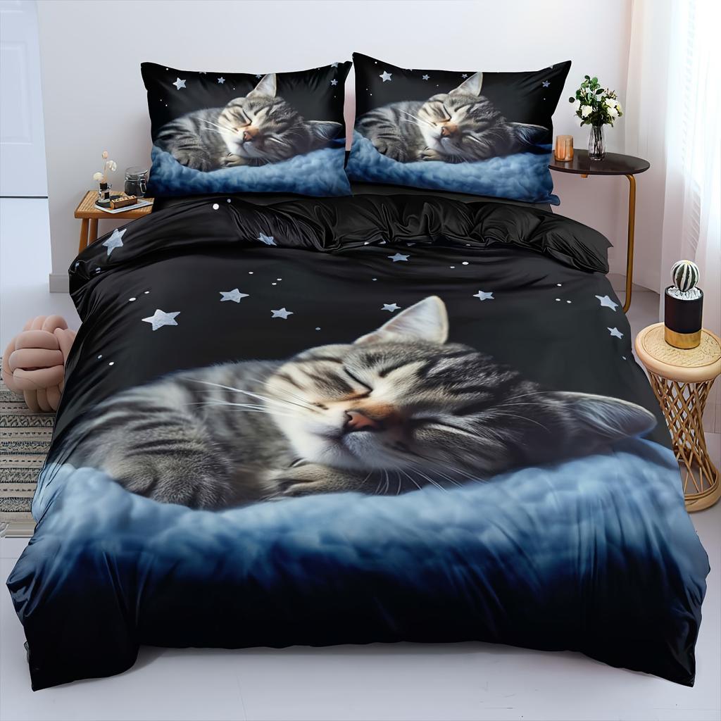 Cat Series Cute Animal 3D Digital Printing Quilt Cover Three-Piece Bedding