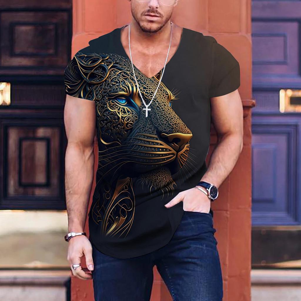Oversized Animal T-shirt Unisex Black Tees Lion Print Shirts Pattern V-neck Tops Fashion Casual Short Sleeve Summer Unisex's Clothing