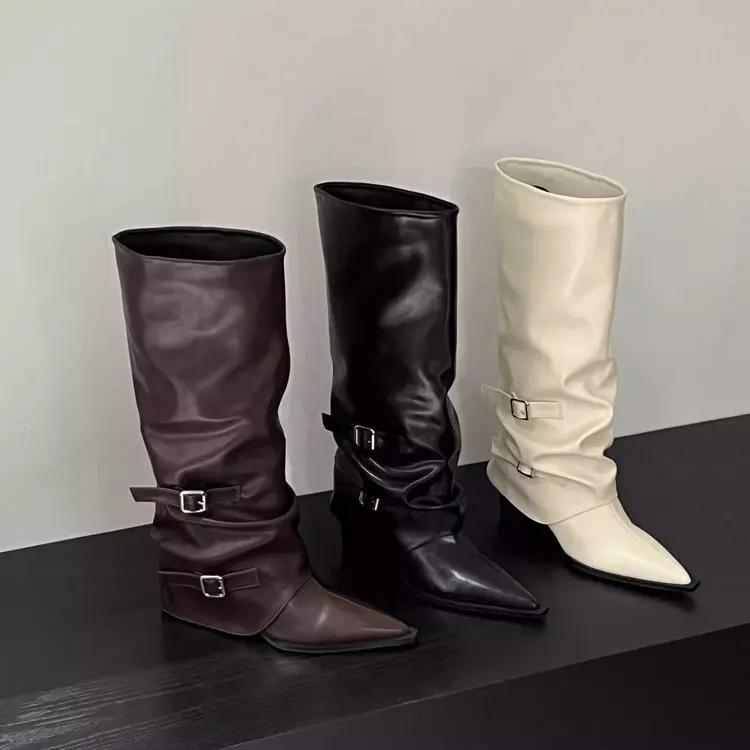 Fashion Bla High-Tube Long Boots Women's Faionable Retro Belted Pointed Toe Booties Spring Autumn PU Leather Cotton Lined Rubber ...