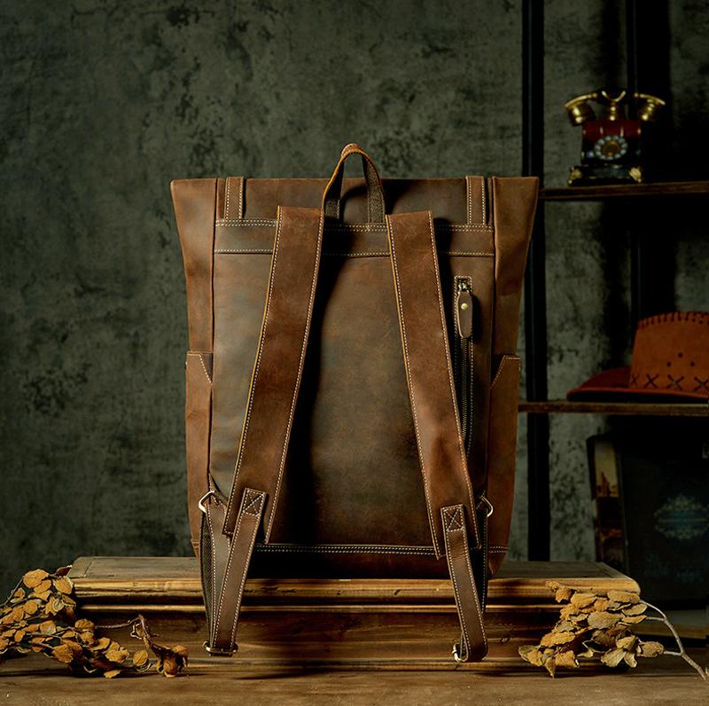 Retro Genuine Leather Men'S Backpack Large Hiking Bagpack Bag Crazy Horse Leather Travel Backpack Male Rucksack 15.6“Laptop Bag