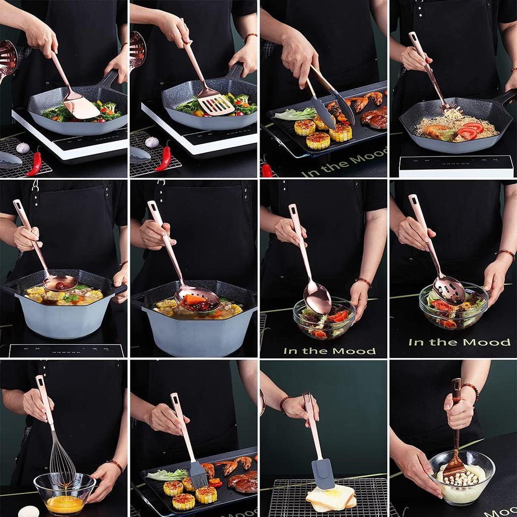 Copper Kitchen Utensils Set,13 Pieces Stainless Steel Cooking Utensils Set With Titanium Rose Gold Plating,Kitchen Tools Set With Utensil Holder For