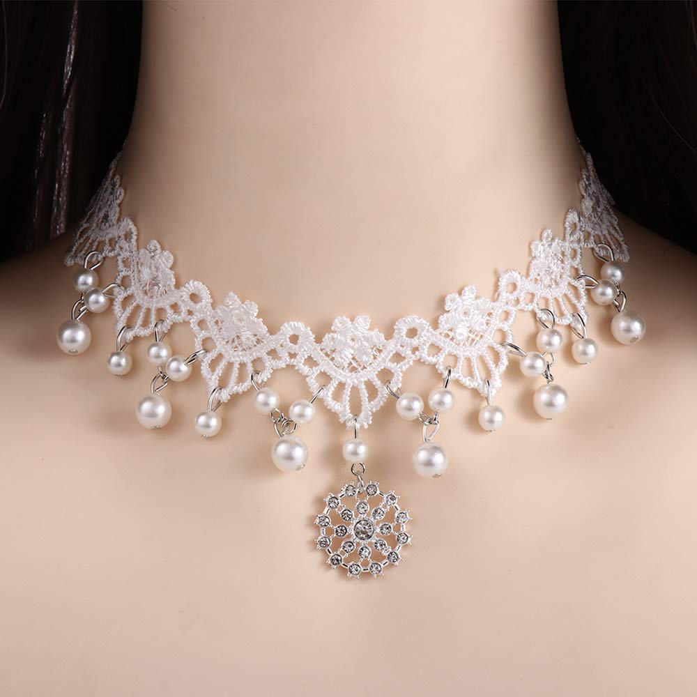 Women's Dangle Girl Flower Lace Collar Gift Gothic Jewelry White Beads Necklace Choker