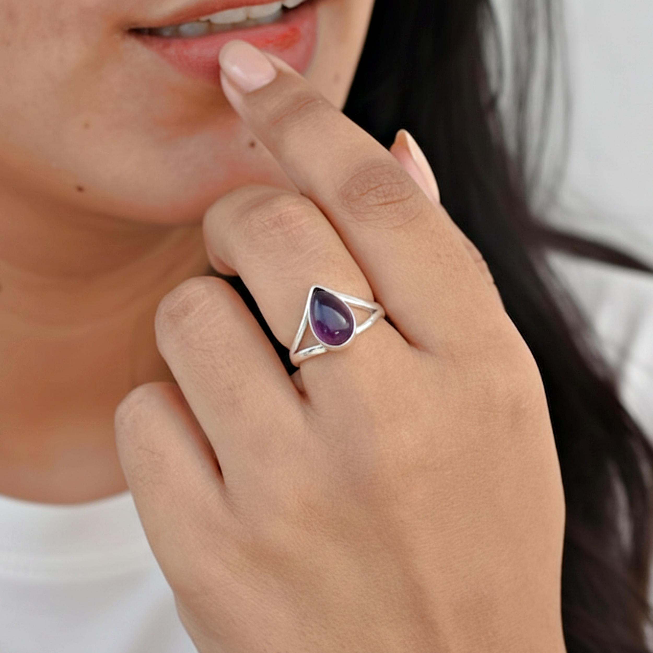 

Purple Amethyst Pear Statement Ring, 925 Sterling Silver Jewelry, Minimalist Boho Handmade Ring for Women 12 срібний
