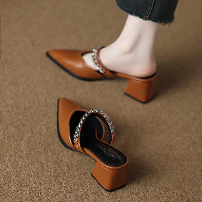 

6001-5 Premium Baotou Half Slippers Women s Summer Wear Light Luxury Mary Jane Temperament Versatile Pointed Sandals 40 шоколадний