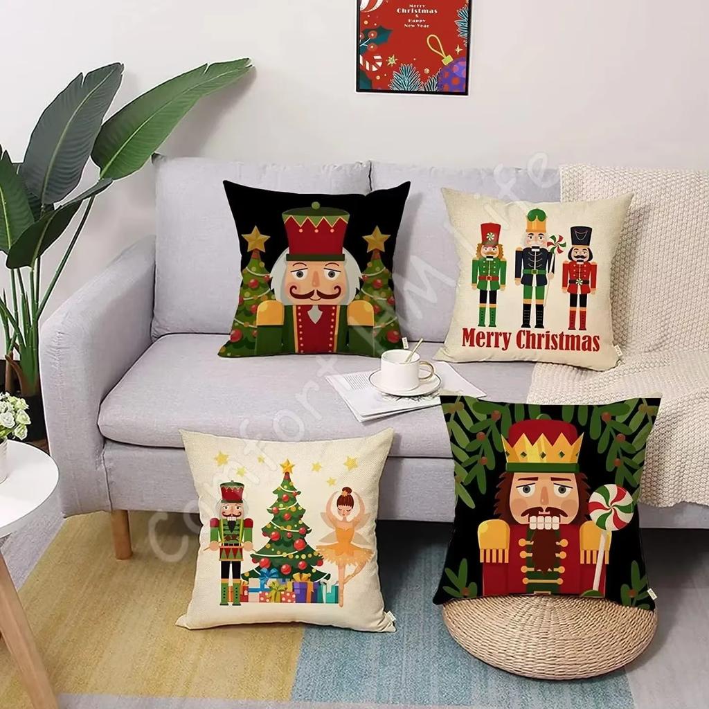 Merry Christmas Nutcracker Decorative Throw Pillow Cover Set of 4 Xmas Tree Cartoon Wooden Soldier Toy Porch Patio Home Decor