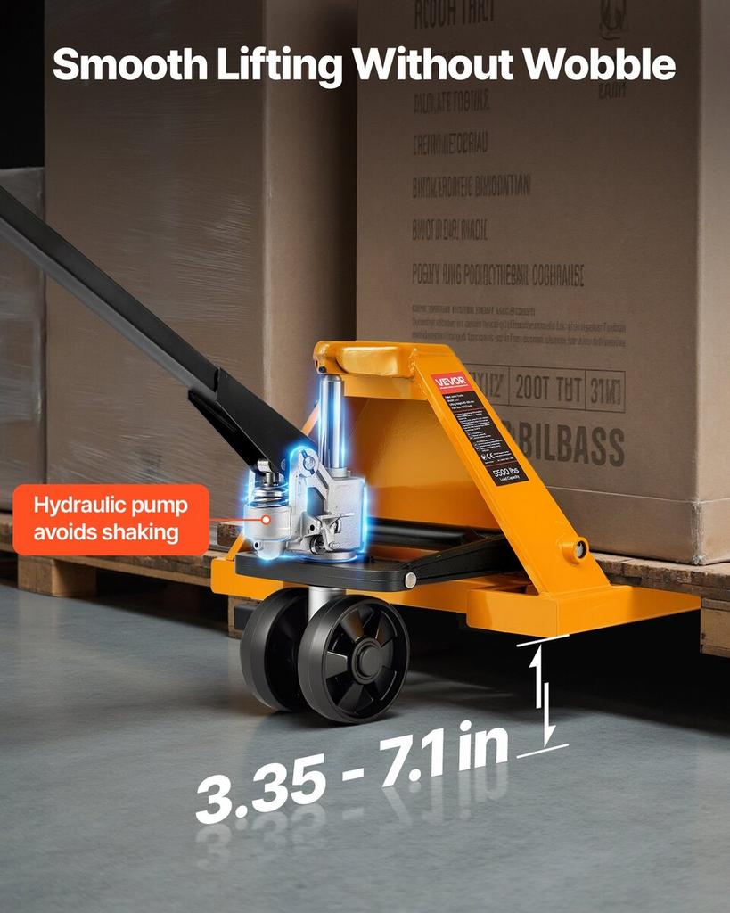 Pallet Jack, 2.5T Load Capacity, Manual Pallet Truck with 122L x 68.6W cm Forks for Material Handling, 85-180 mm Fork Lift Height Range, Suitable for