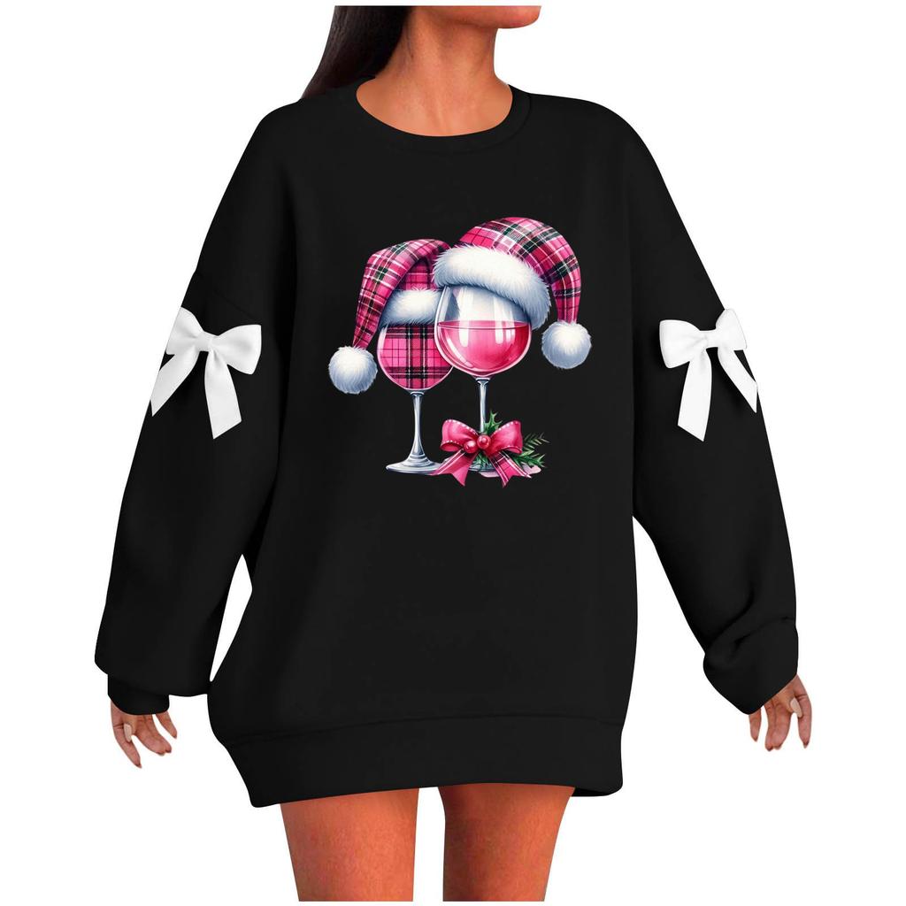 Ladies' Christmas Printed Bow Round Neck Long Sleeved Loose Pullover Sweater Sweatshirt Top