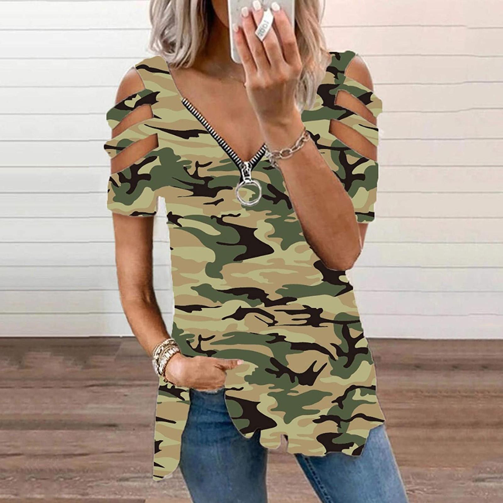 

Womens Sexy V-neck Collar Zipper Color Short Sleeve Fold Casual Blouse Tops XXL зелений
