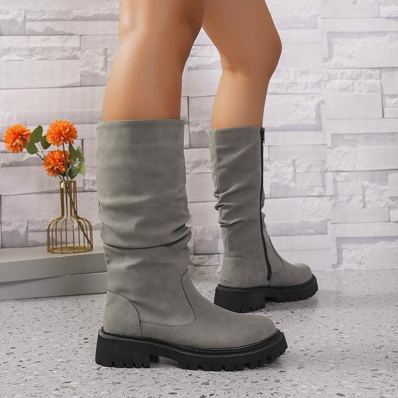 Plus Size Punk Platform Mid Calf Boots Women 2024 Side Zipper Pleated Pu Leather Boots Woman Thick Sole Brown Botas Mujer 43
