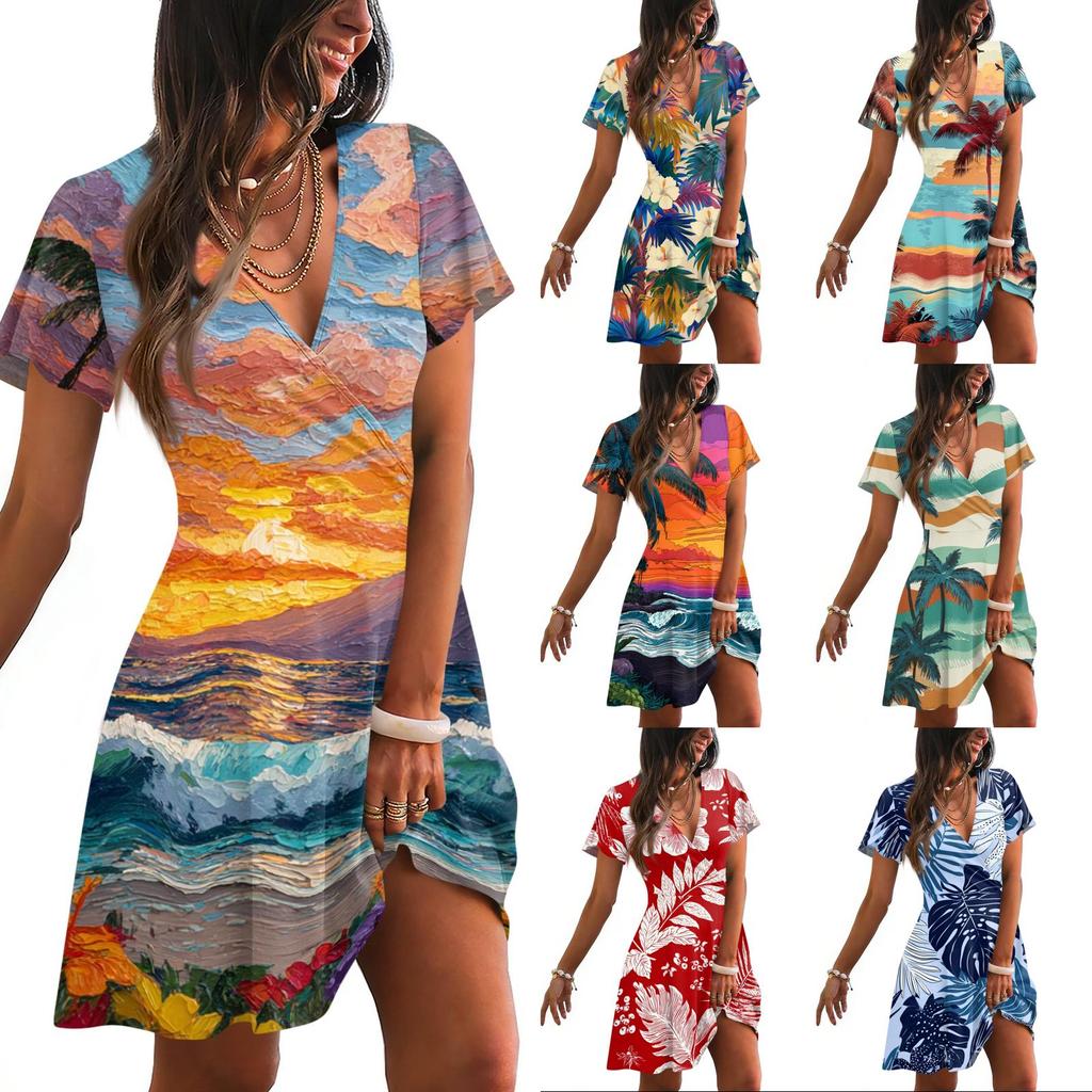 Women's Casual Short Sleeve Dress V Neck Hawaiian Print Summer Beachwear Lightweight Comfortable Fit Above Knee Length