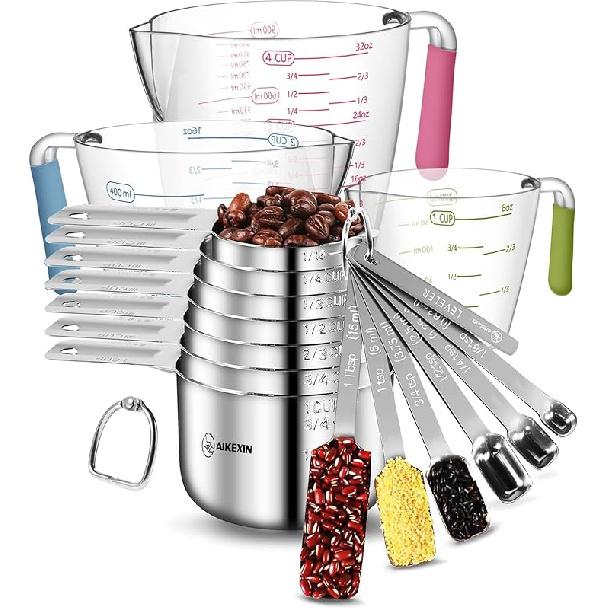 Measuring Cups and Spoons Set of 20 - Stackable Stainless Steel Measuring Cups Spoons & Plastic Measuring Cup for Dry and Liquid Ingredients, Cooking 19 piece