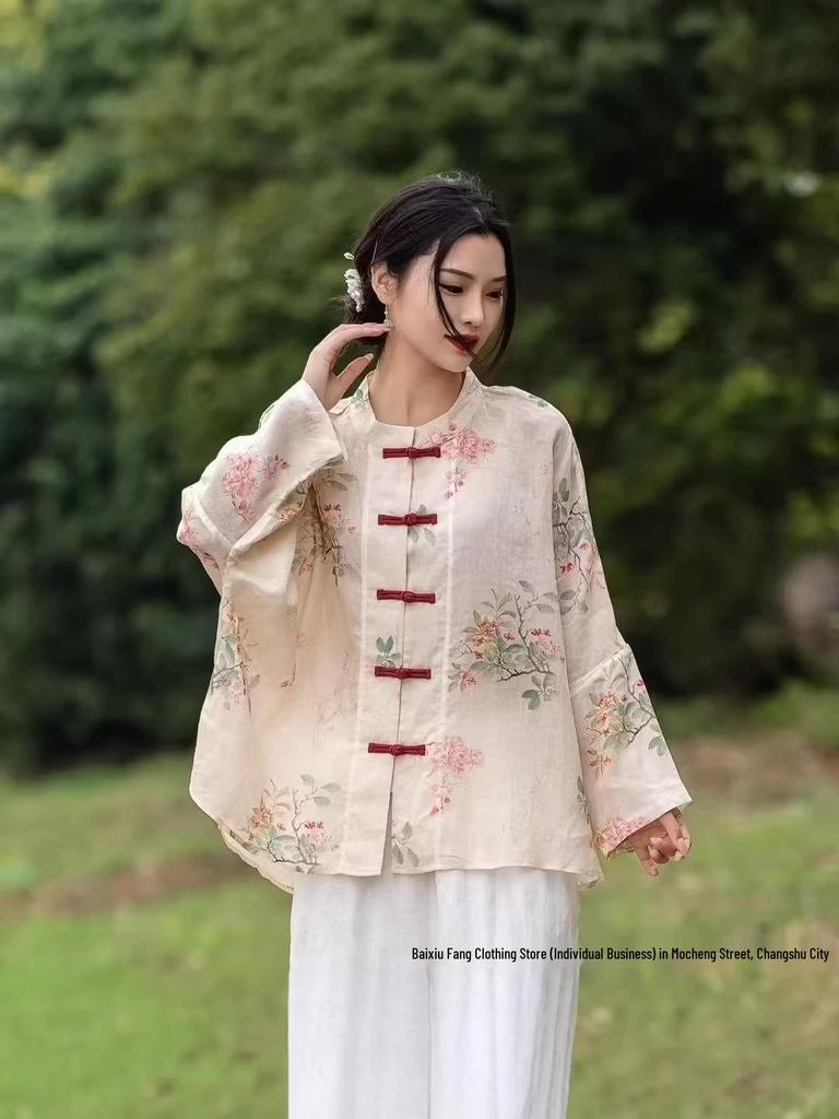 Frühling/Sommer 2026 Damen Chinesischer Stil Elegantes Print-Stehkragen-Langarm-Ramie-Hemd