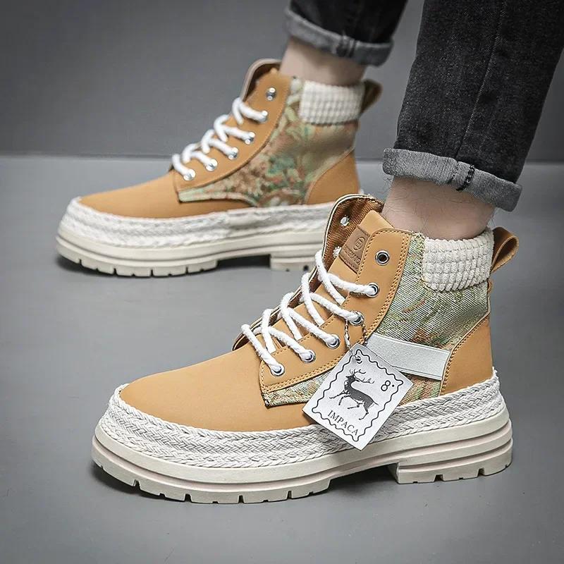 Fashion Men's Boots  Autumn/winter Thick Sole High Top Lace-up Flat Heel New British Style Work Boots Casual Trend  Fashion Boots