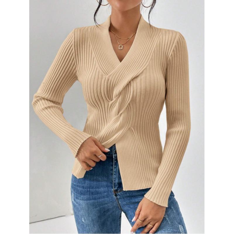 Women Fitted Solid V Neck Long Sleeve Knit Sweater Split Hem