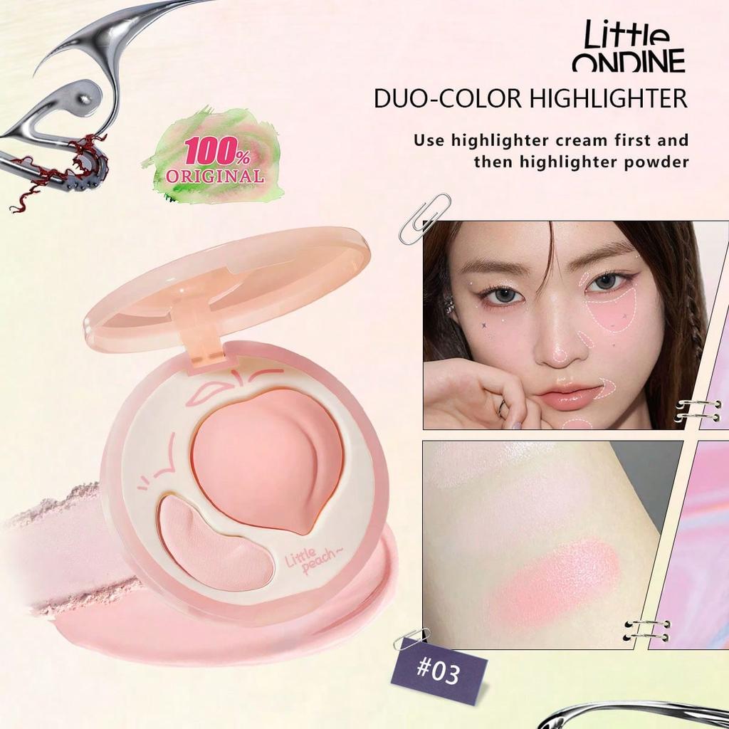 Little ONDINE duo-color highlighter 01-03, 2-In-1 Highlighter & Contour, Pink Highlighter & Natural Contour, Rosy Brightening & Shaping