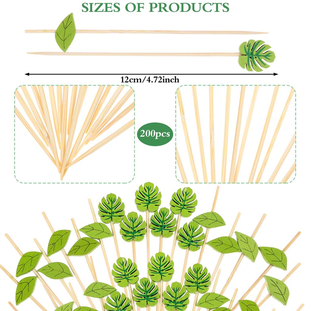 200Pcs Disposable Green Leaf Cocktail Picks Plam Leaf Handmade Toothpicks Bamboo