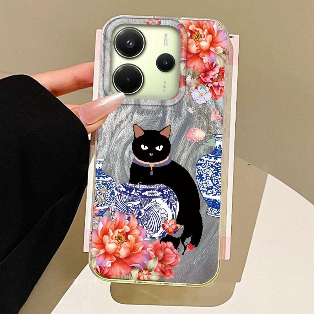 Luxury Black Cat Flower Phone Cases Phone Case for Xiaomi Redmi 14C 13C 14T A5 A4 A3 Note 14 13 Pro Shell Silicone Back Cover