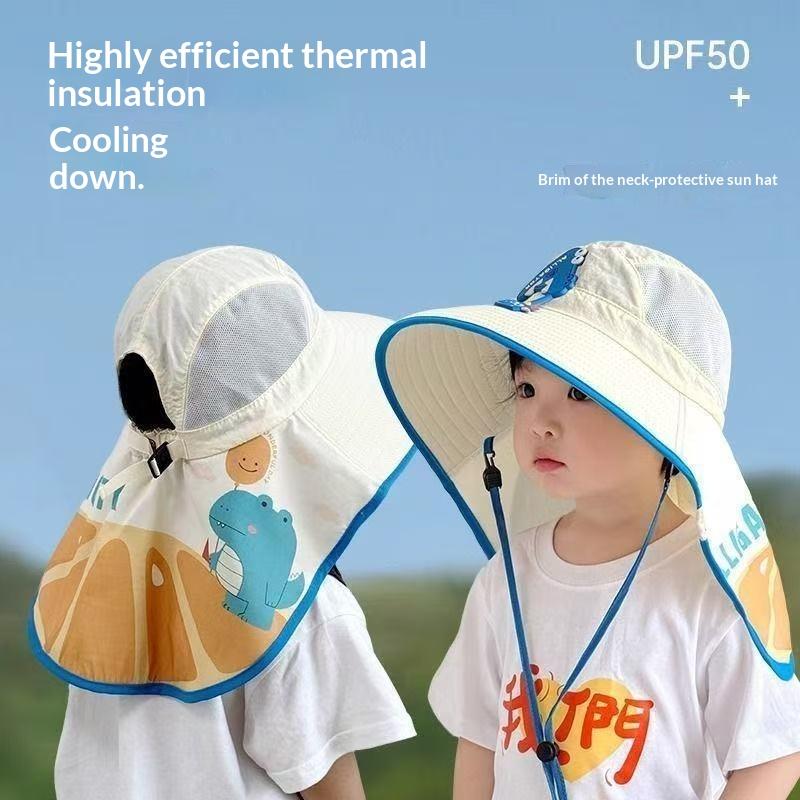 Cartoon Children'S Sunscreen Hat Beach Hat Uv Protection Summer Thin Breathable Large Brim Fisherman Hat With Windproof Rope