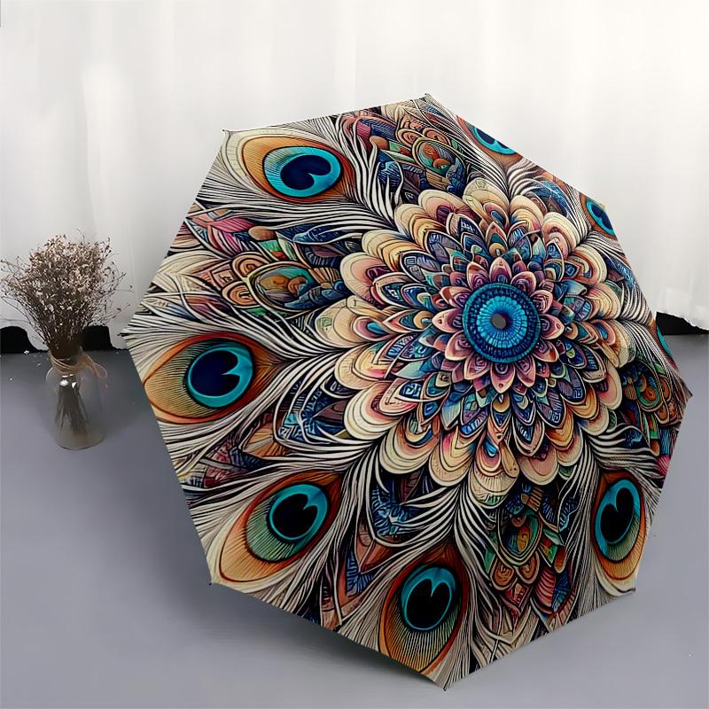 1pc Peacock Feather Mandala Automatic Folding Umbrella - Portable 3-Fold Design, 8-Bone Iron Frame Outdoor Umbrella, Ideal Gift for Fans, Travelers, D