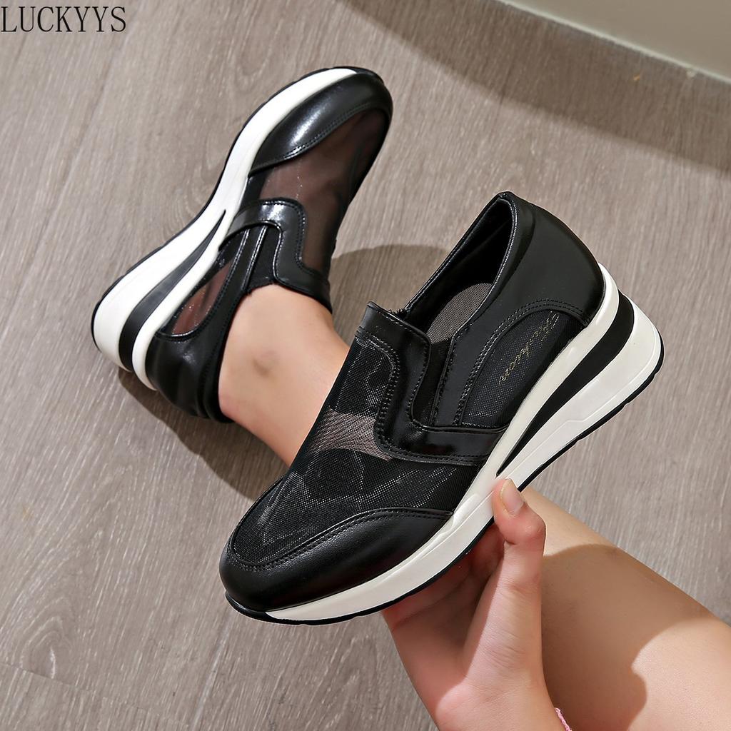 Fashion 2025 Spring Slope Heel One-pedal Sports Single Shoes Women's Flats Thick-soled Breathable Mesh Casual Shoes Large Size Sneakers