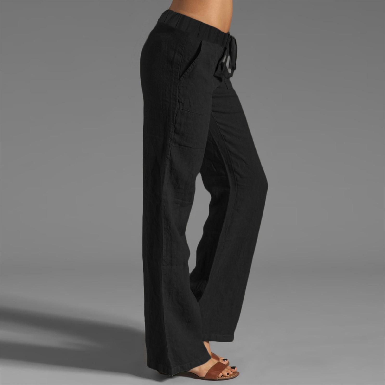 

Женские хлопковые льняные брюки, летние повседневные свободные расклешенные брюки на шнурке с карманами XXL чёрный