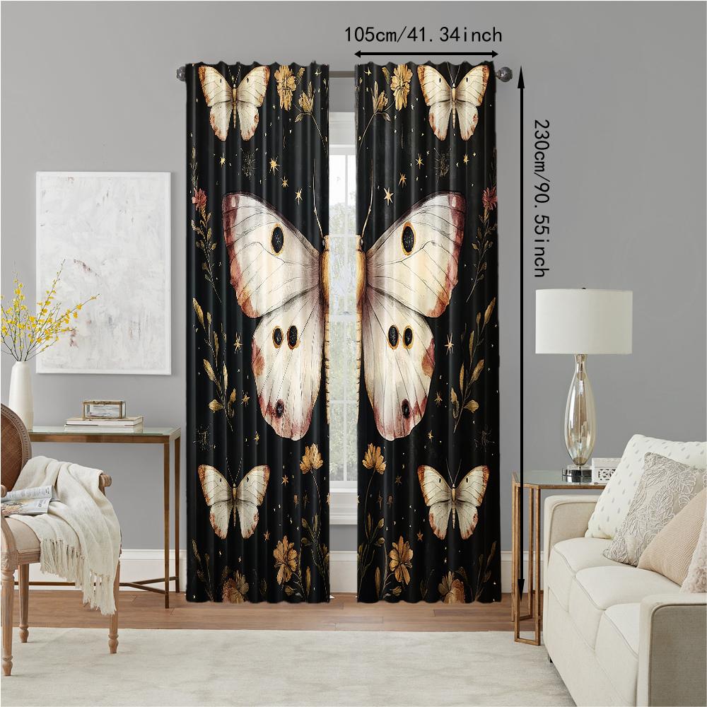2 Pcs, Versatile Polyester Transparent Curtains for Home Decoration Vintage Black Butterfly & Floral Leaf Pee for Use In