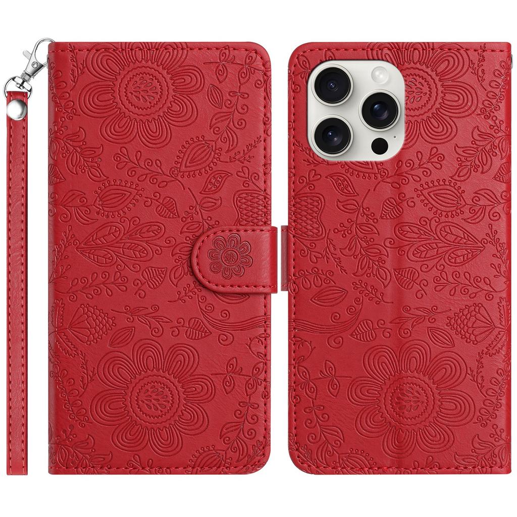 For iPhone 13 Pro Max Case Flower Imprint Leather Flip Wallet Phone Cover with Wrist Strap