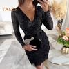 Partykleid für Damen mit glitzernden Pailletten, langen Ärmeln, tiefem V-Ausschnitt, Korsett-Minikleid, Herbst/Winter, Cocktail-Galakleid für Party, Abschlussball, Nachtclub