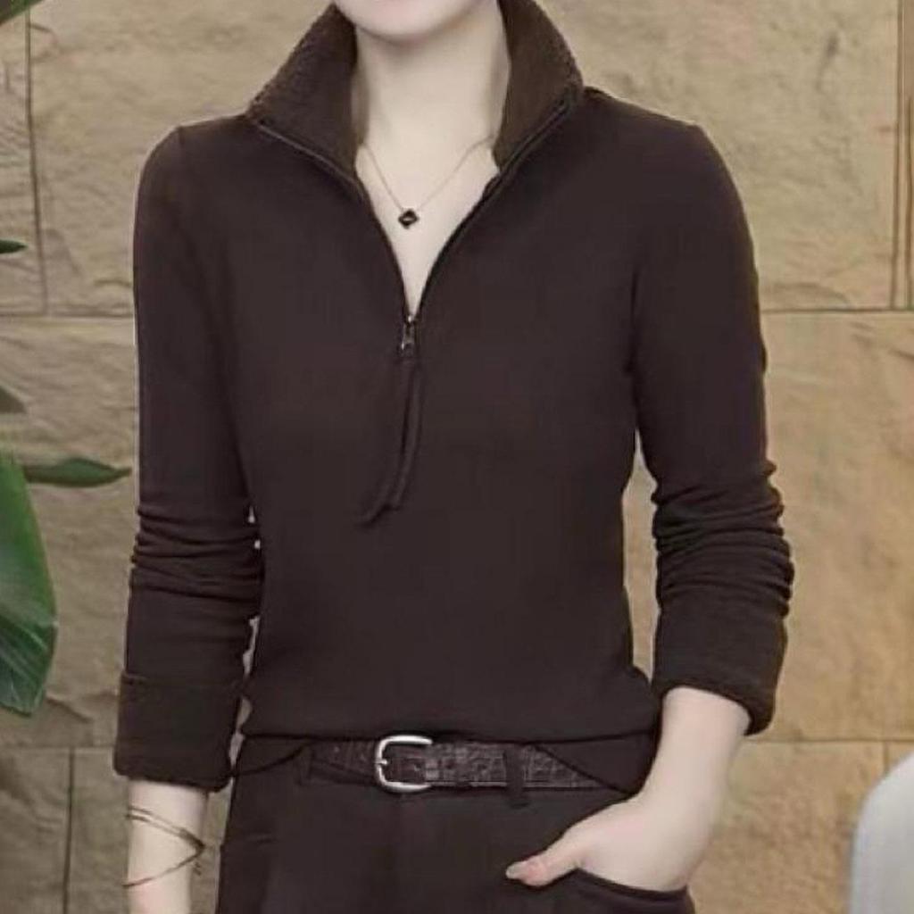 Winter Velvet Warm Zipper Long-Sleeve Casual Top for Middle-Aged Women