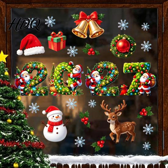 PVC Window Stickers 2027 Merry Christmas Cling Santa Snowman Reindeer Glass Door Sticker Seasonal Party Decorations Static Decal for Living