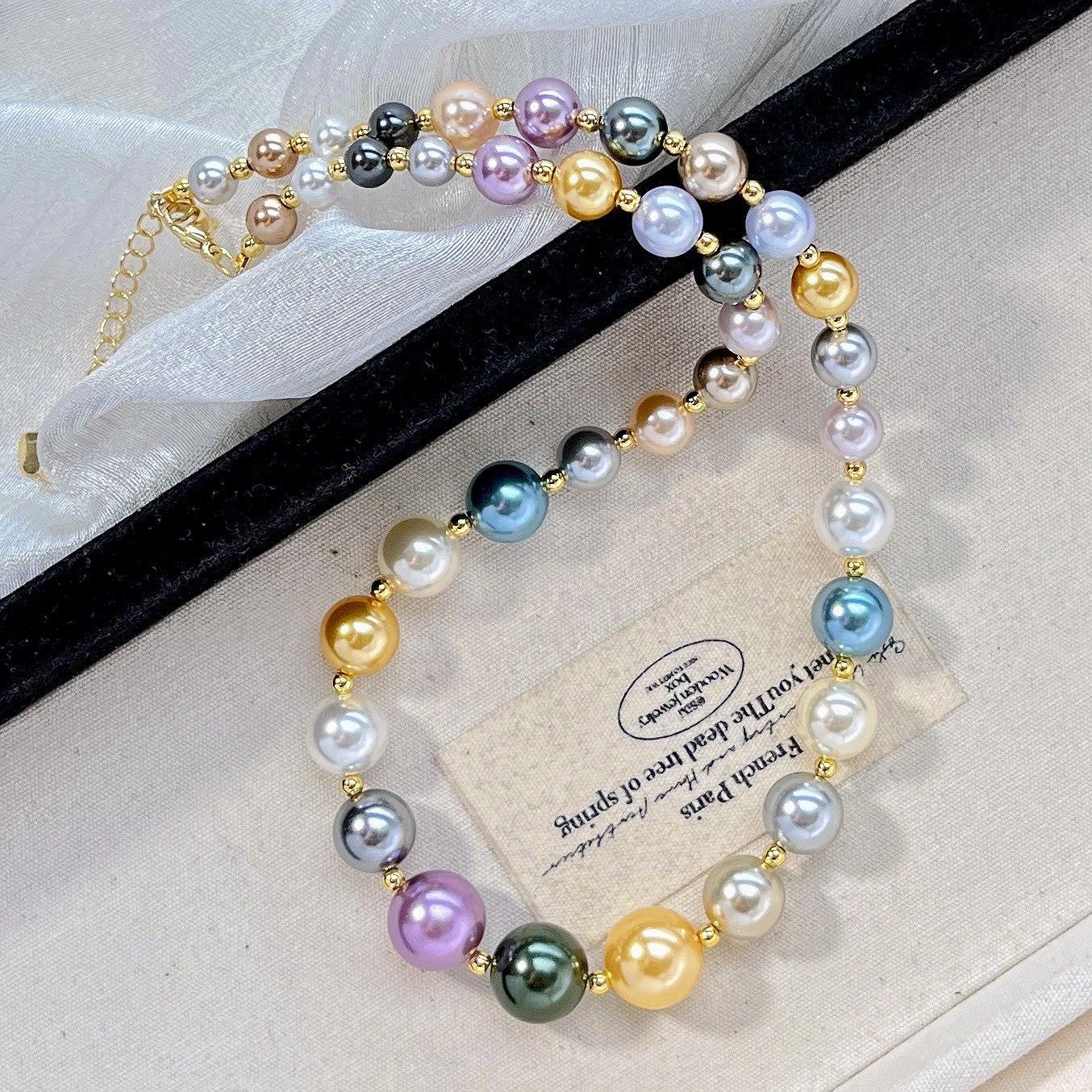 10Mm Autumn And Winter Maillard Mixed Color Gradual Change Smile Tahitian Artificial Crystal Pearl Necklace Collarbone Chain