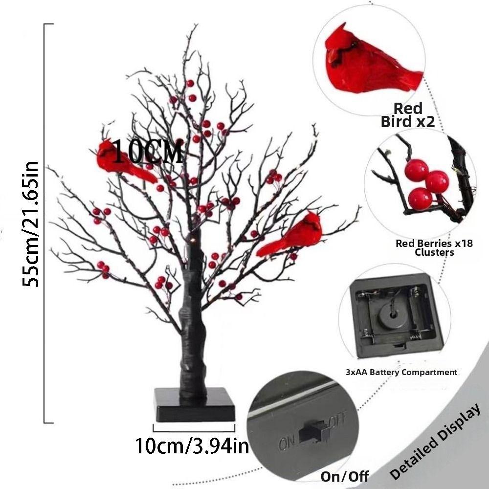 Red Berry Decoration Vintage Glowing Tree Bird Twinkle Tree Lamp  Home Table Decoration