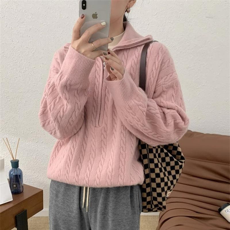 Korean version of chic autumn and winter soft waxy knitted top women's retro twist half zipper lazy versatile short sweater jacket