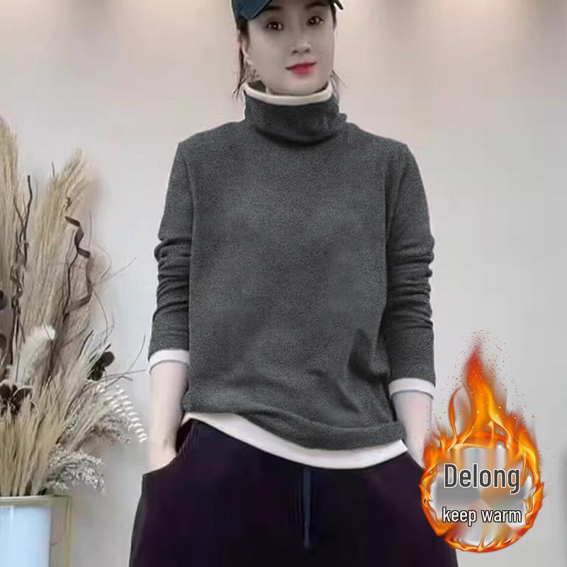 

Chic Age-Defying High Neck Faux Layered Long Sleeve Base Shirt - 2024 Autumn/Winter Collection for Women Large серый