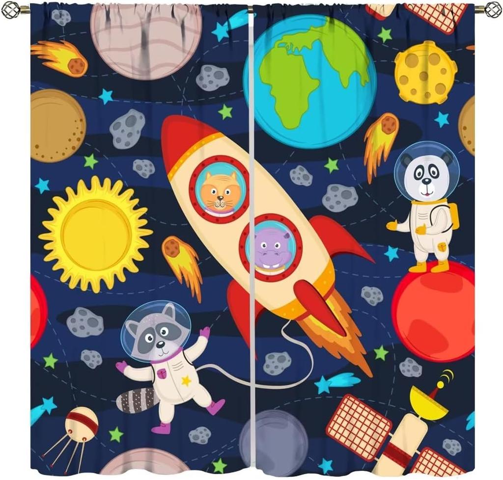 Kids Outer Space Rocket Curtains Cartoon Universe Galaxy Starry Sky Cosmos Boys Girls Study Room Bedroom Curtain For Master Made Of Polyester