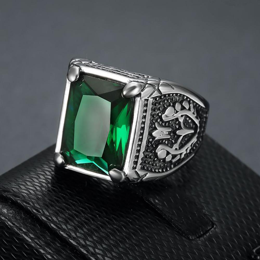 Vintage Big Green/Black/Red/Blue Color Stone Rings for Men Stainless Steel Fashion Punk Handmade Carved Tulip Ring Party Jewelry