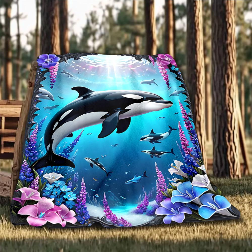 1pc Whale Marine Ocean Outdoor Flannel Blanket , Machine Washable Perfect Gift for Birthday , Holiday Travel Accessory , Durable Material