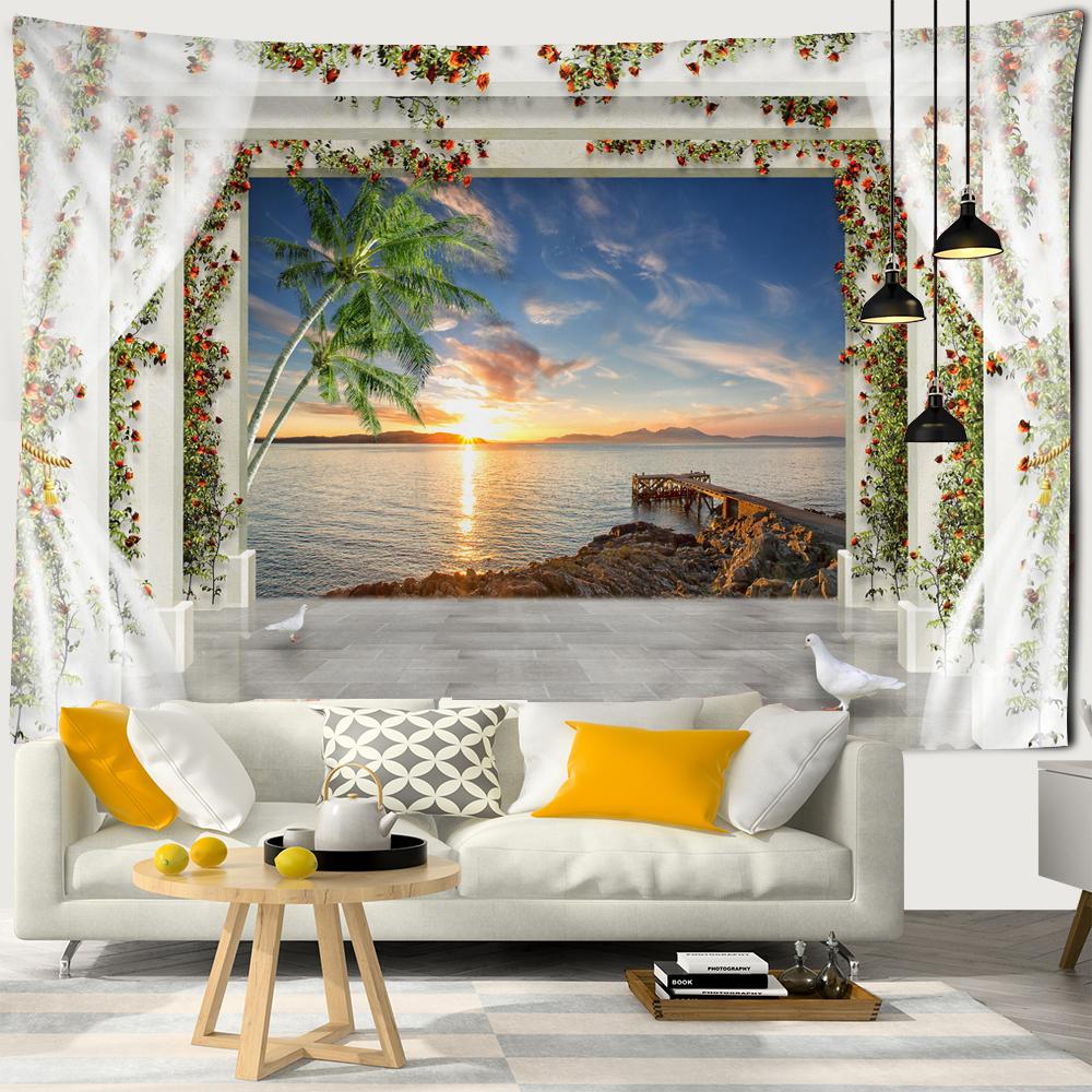 Scenery Outside the Window Tapestry Wall Hanging Sandy Beach Picnic Rug Camping Landscape Tapestries Pad Home Decor Wall Cloth