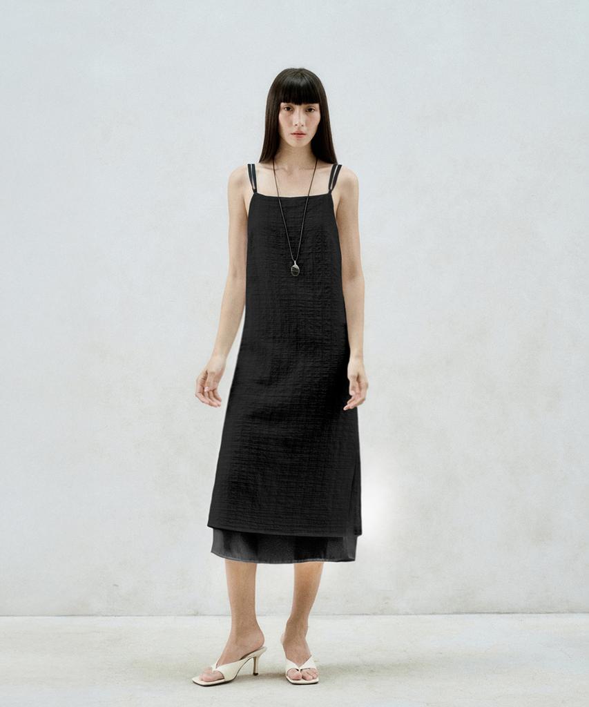 Rie Checked-Chiffon Layered Midi Dress Black