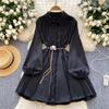 Women's Spring Autumn Loose Casual Dress Metal Chain Waist French Style Long Lantern Sleeves Elegant Shirt Dresses