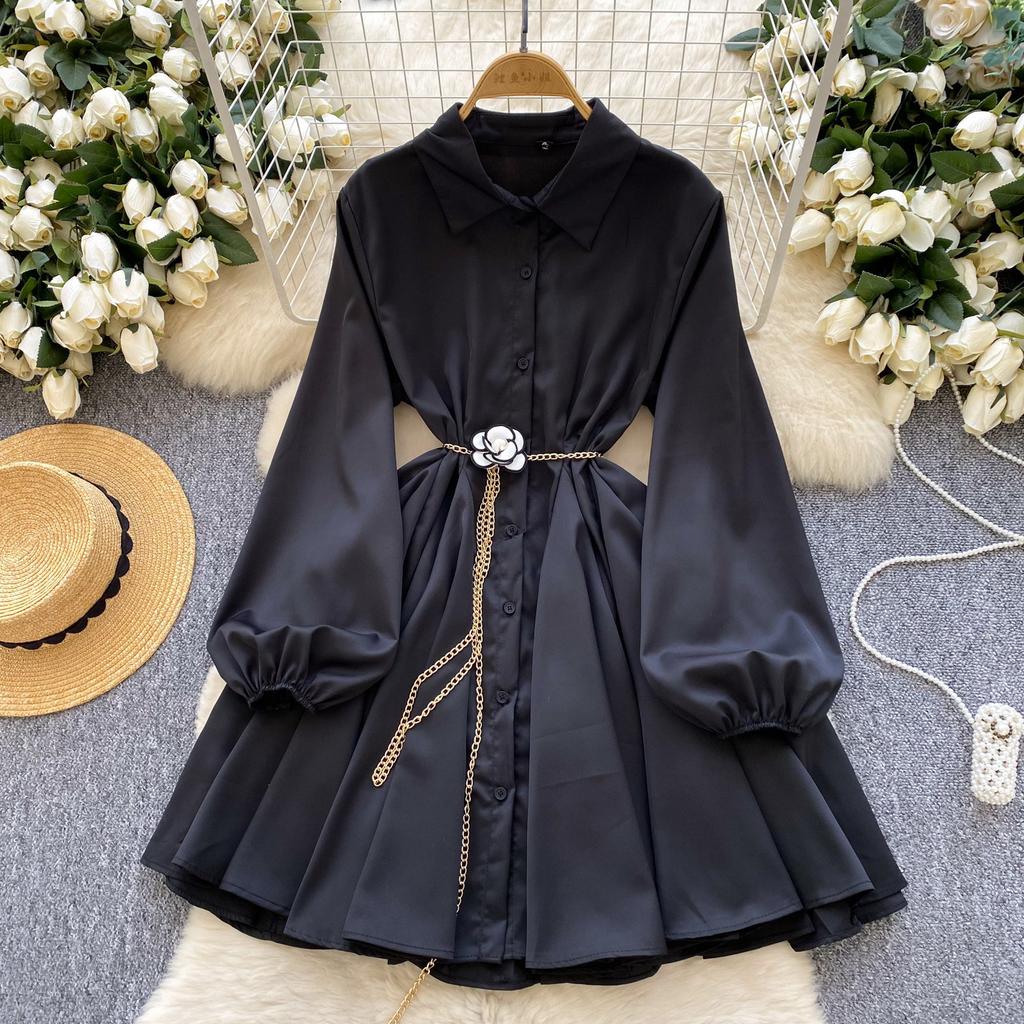Women's Spring Autumn Loose Casual Dress Metal Chain Waist French Style Long Lantern Sleeves Elegant Shirt Dresses