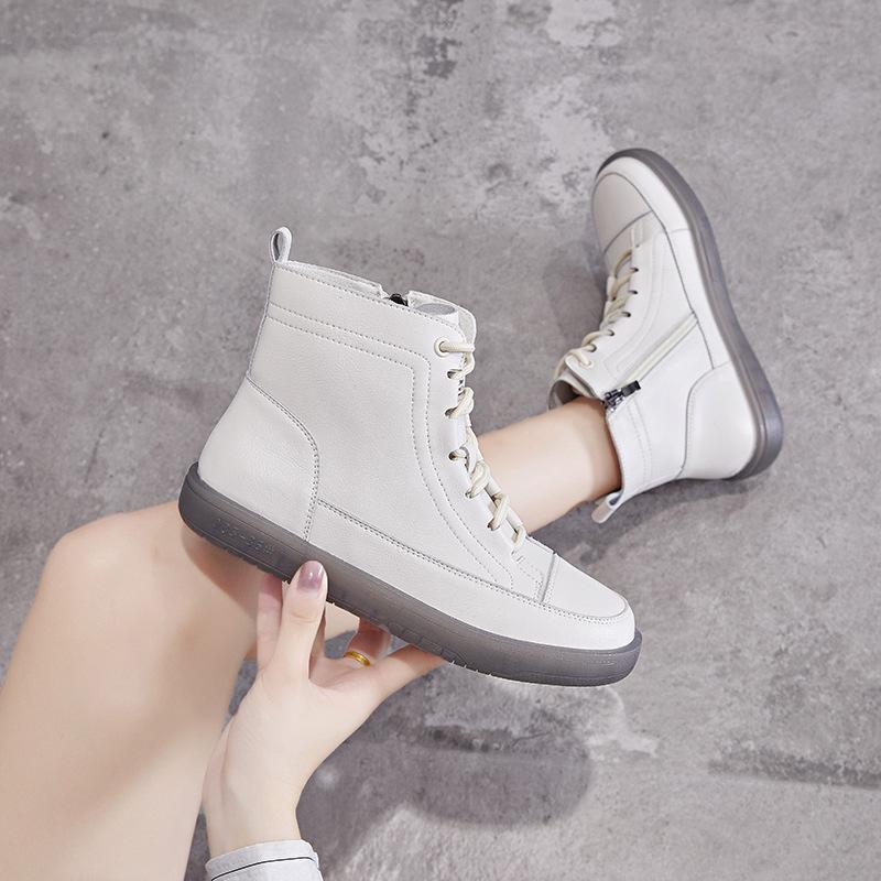 Leather short boots women's 2025 casual versatile flat bottom side zipper high top white shoes women's Internet celebrity popular boots velvet