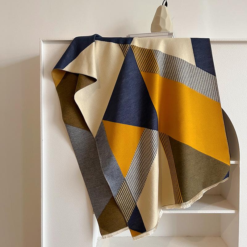 Autumn And Winter Cape Imitation Cashmere Air Conditioner Shawl Thickened Simple Warm Student Extended Plaid Double-Sided Scarf Female