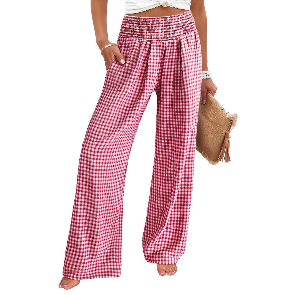 Plaid Wide-leg Pants, High-waisted, Slimming, Fashionable and Casual, Stretched-waist Pocket Trousers