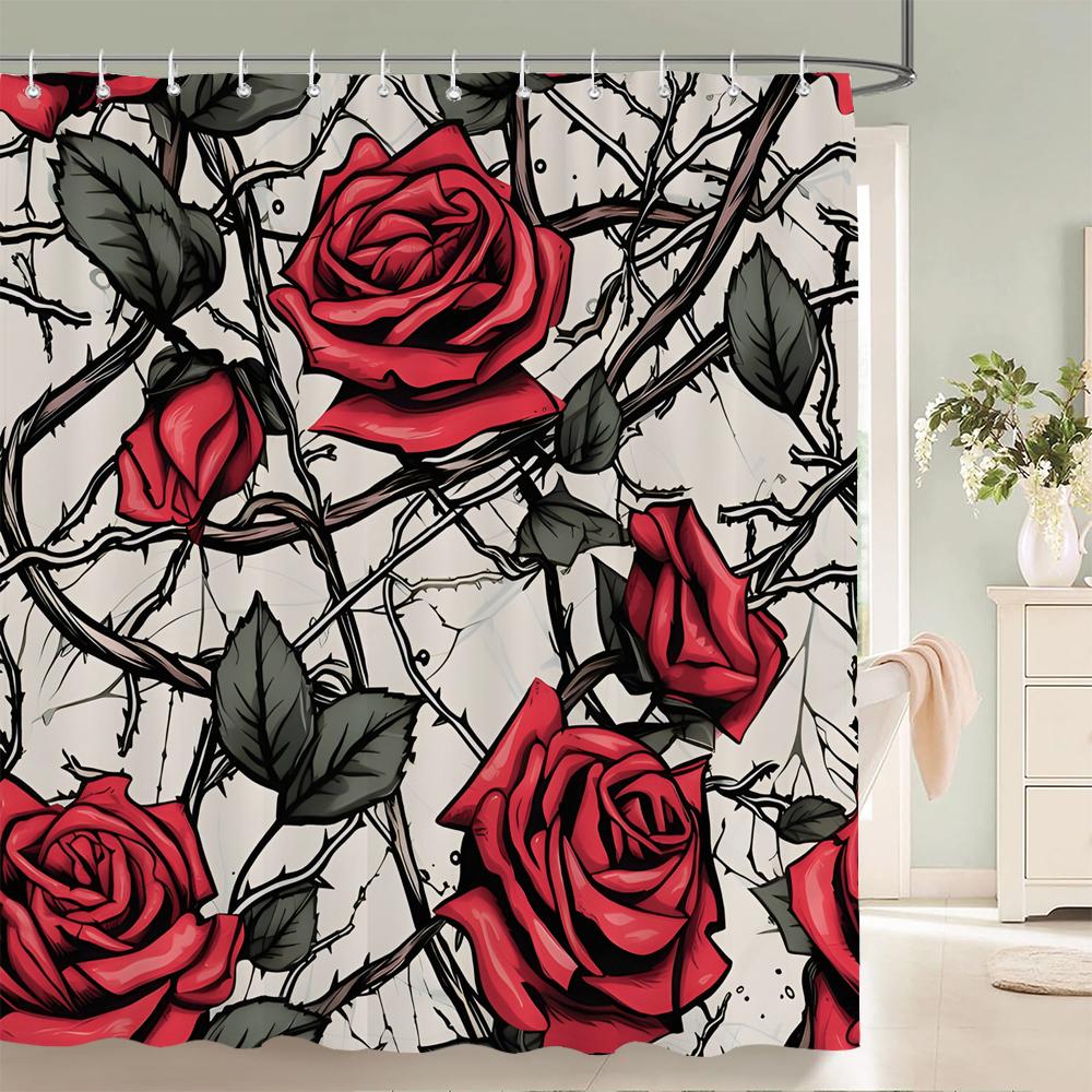 

1 Pc Red Floral Pattern Polyester Material Shower Curtain Waterproof Fabric,Rose Printed Partition Shower Curtain For Bathroom W60H190(CM)-1 Pcs