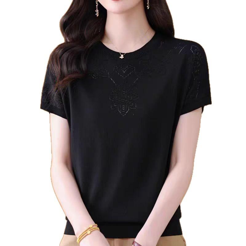Rundhals Dünnes Lockeres Kurzarm-T-Shirt Damen Eisseide Strickpullover
