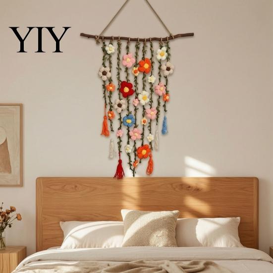 Crochet Flower Hanging Decor Bohemian Tapestry, Handmade Tassels Rustic Home Decoration with Wooden Stick, Living Room Bedroom Wall Art Soft Yarn