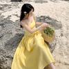 Retro Yellow Waist Suspender Dress Women's Summer Summer New Seaside Vacation Gentle Sexy Long Skirt